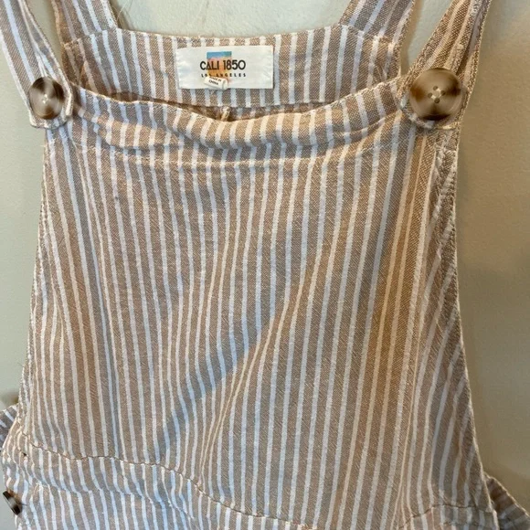 Cali 1850 Women Dress Large Beige White Stripe Overall Linen Blend Pockets Mini - Picture 2 of 5